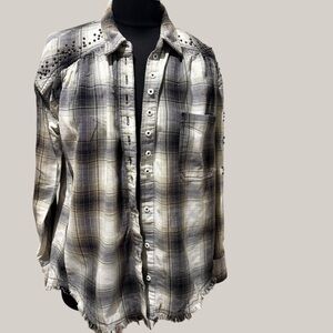 Free People Plaid studded frayed flannel button down shirt size XS